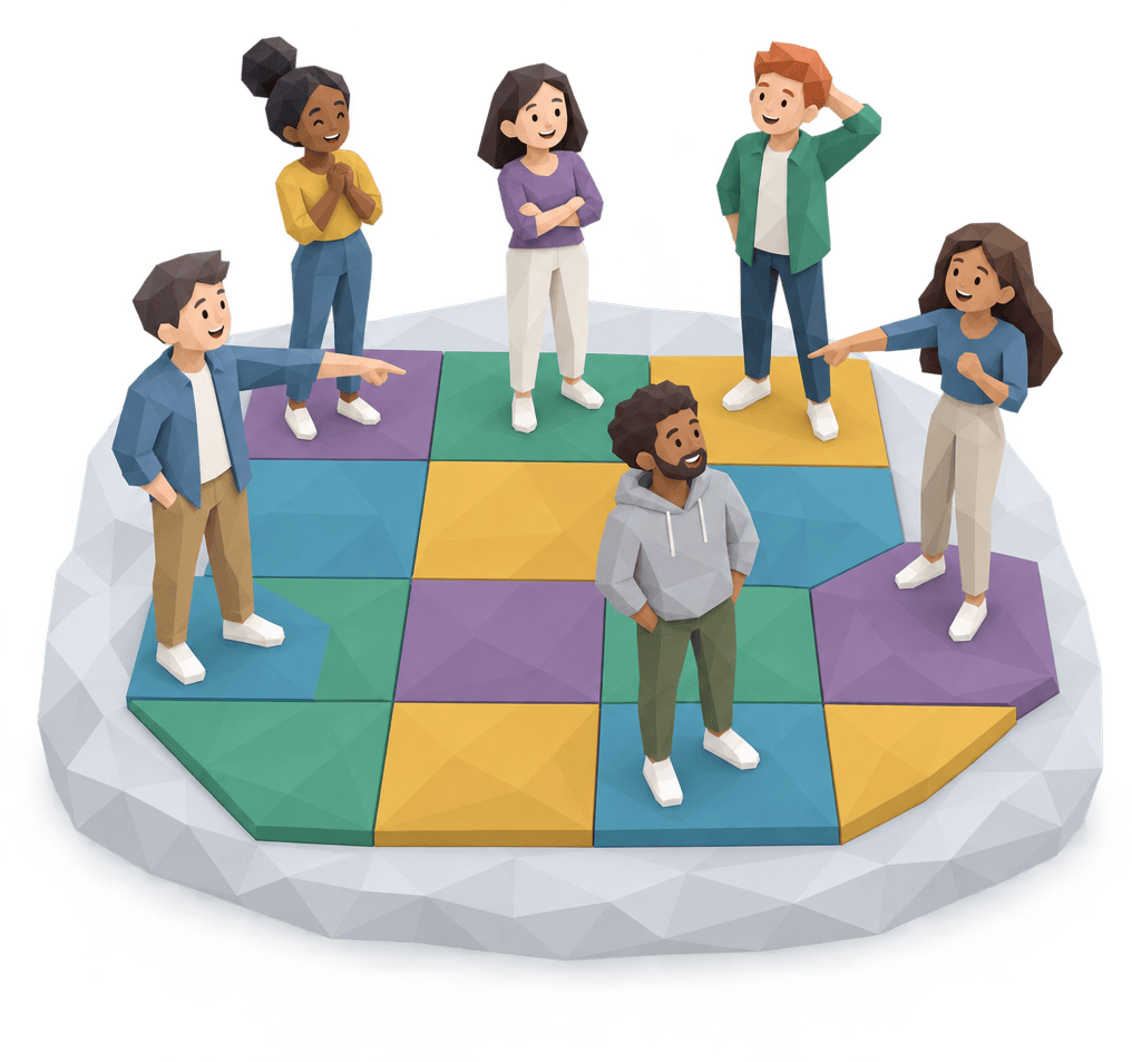 Six friends standing on a grid of colorful floor tiles and pointing at each other.
