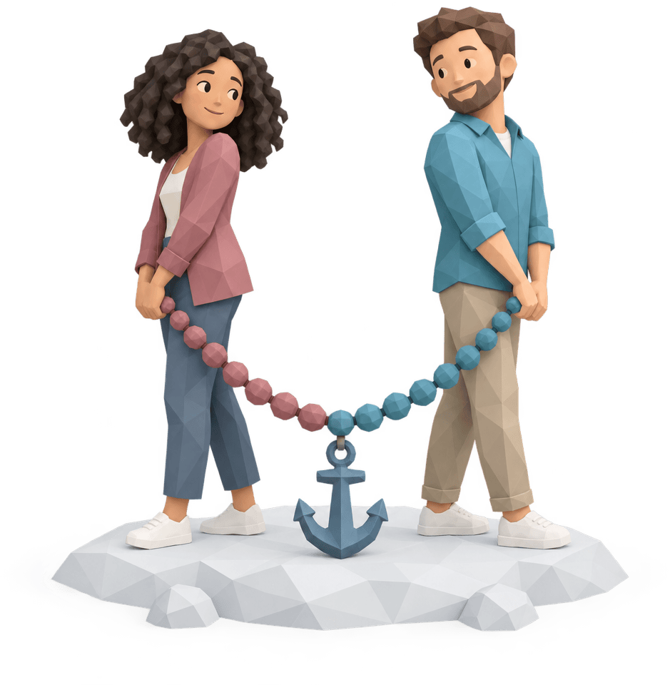 Two people standing back to back on a small island, connected by a rope of colorful beads.