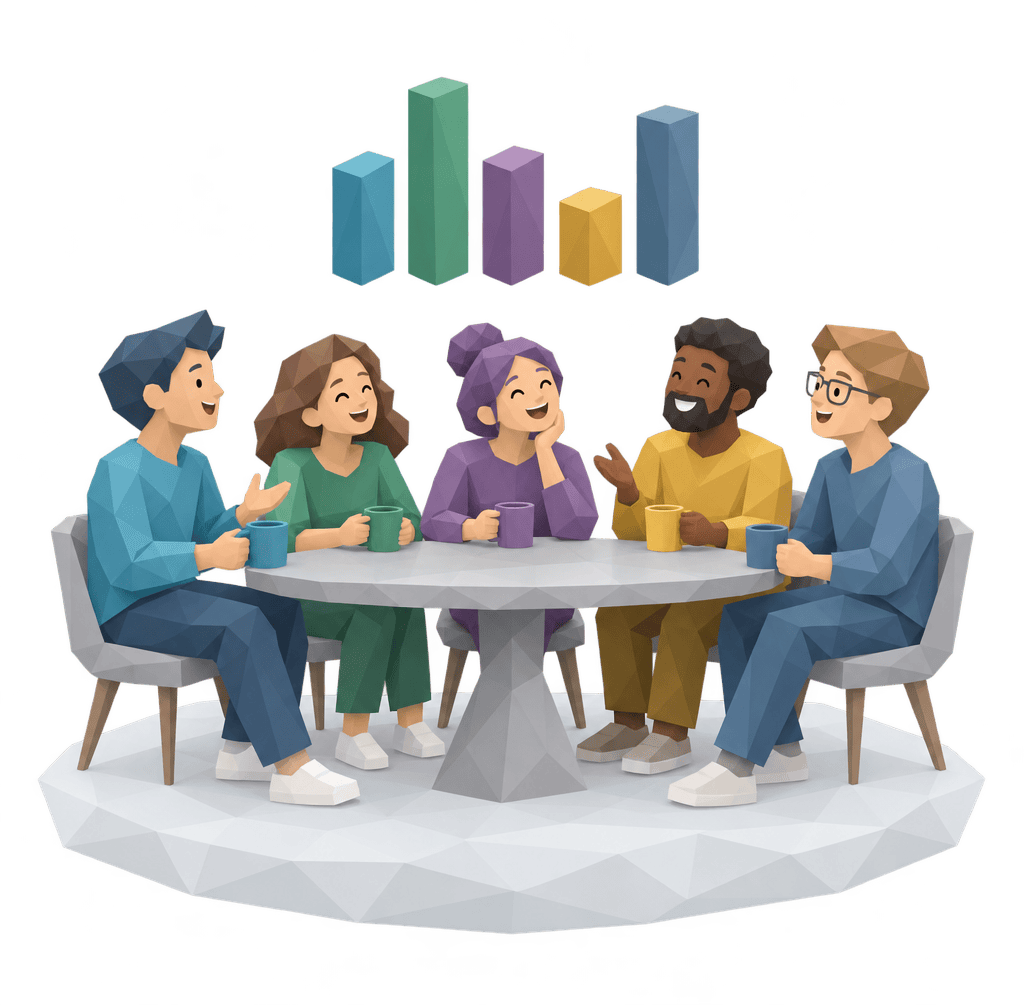 Five friends laughing at a kitchen table, with five colorful bars floating above them.