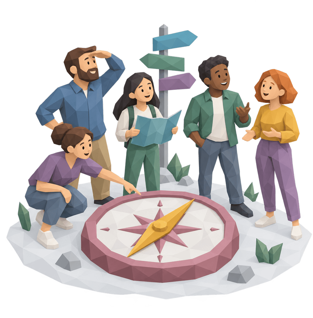 Five colleagues standing around a large compass on the floor with its needle pointing forward.