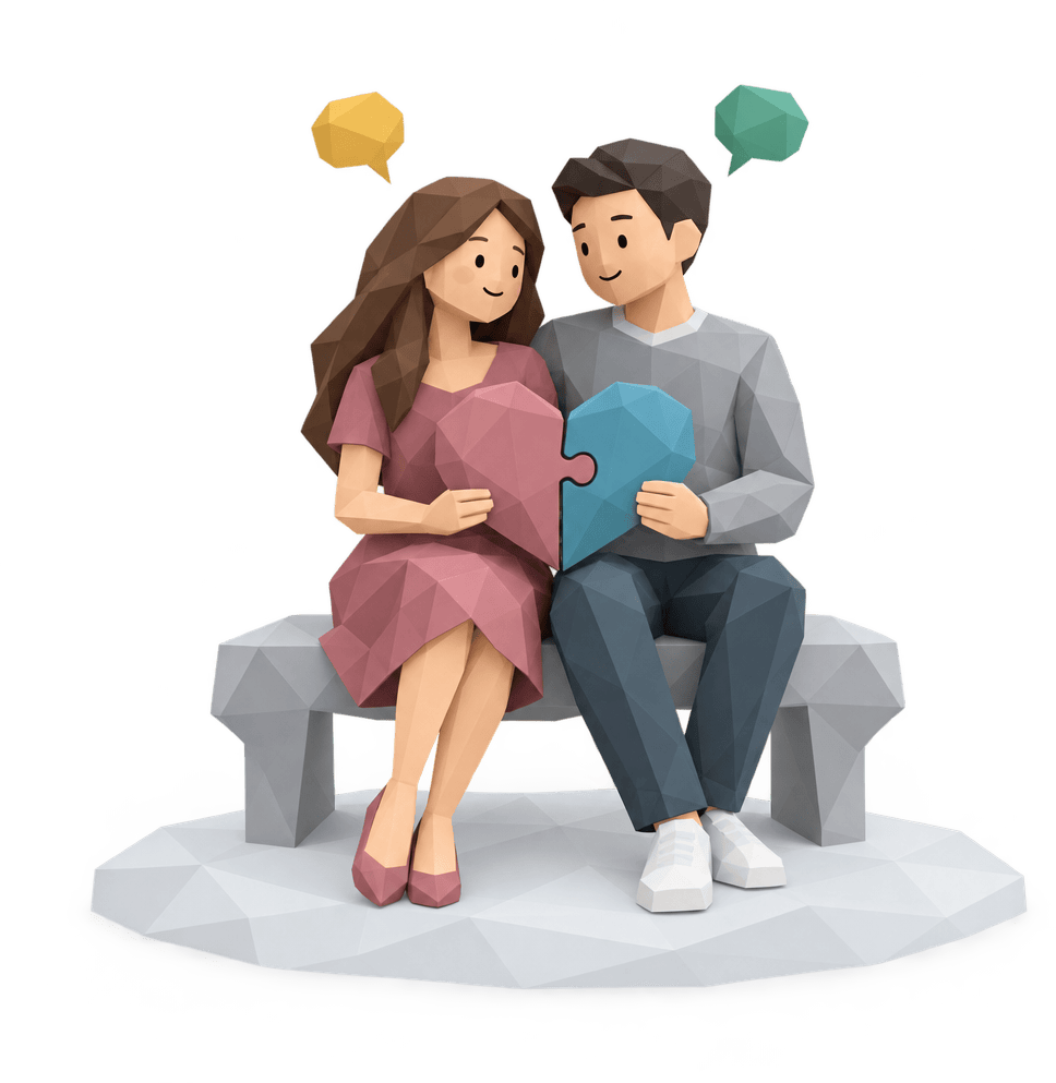 A couple on a bench holding two halves of a heart puzzle that fit together perfectly.