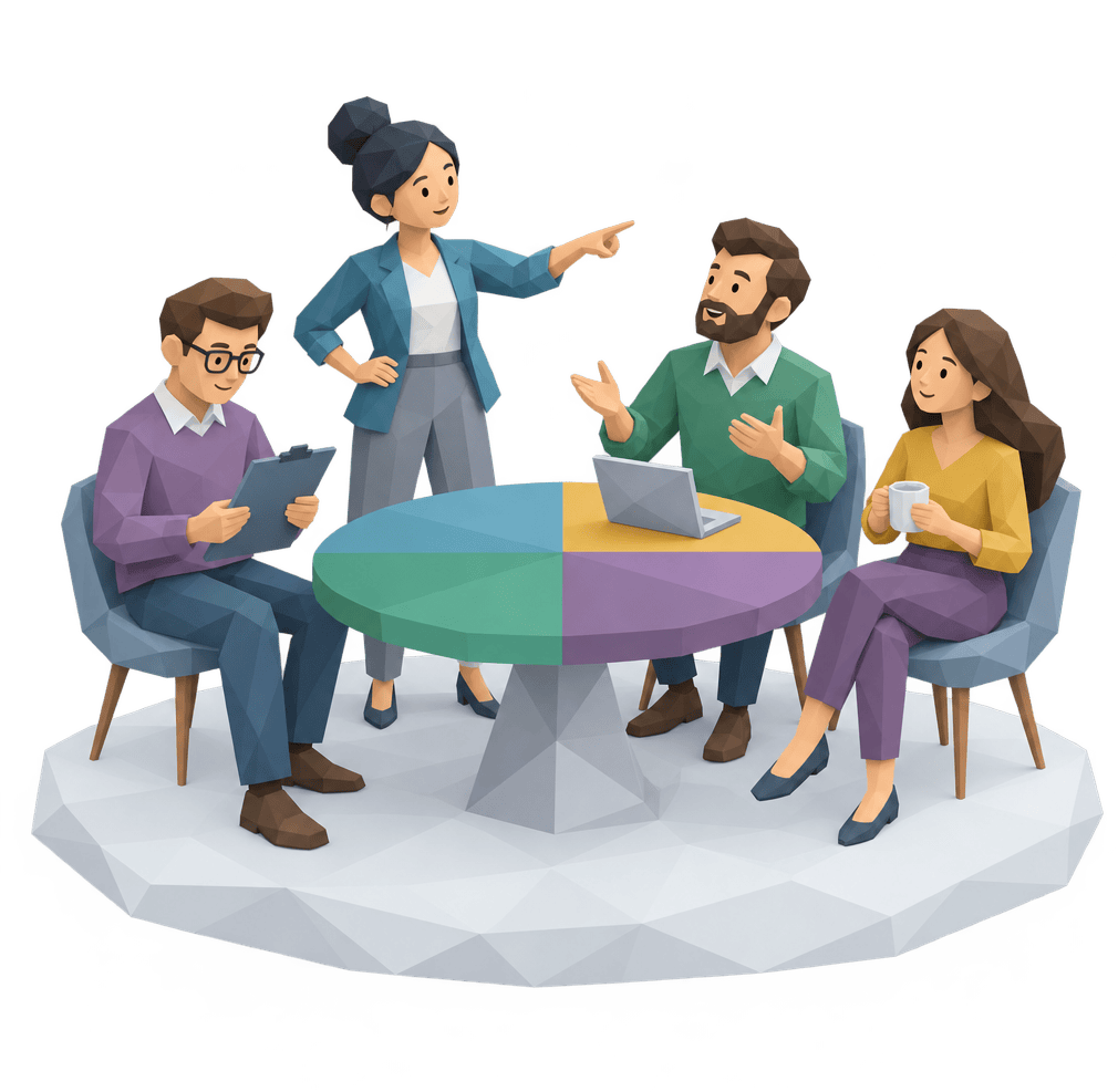 Four colleagues at a round table with the tabletop divided into four colorful quarters.