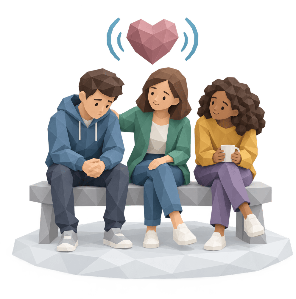 Three friends on a bench: a woman listens to a man and rests her hand on his shoulder, with a heart floating above them.