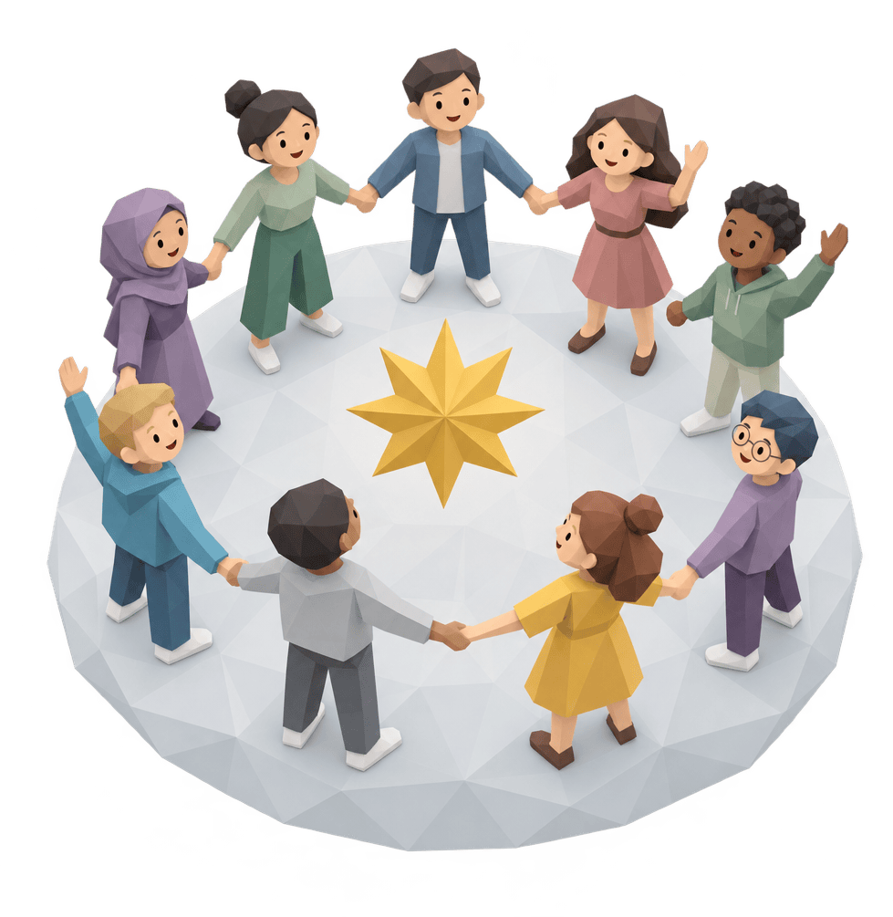 Nine colorful figures standing in a circle around a floating nine-pointed star.