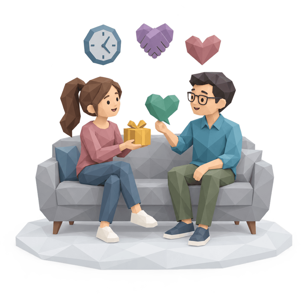 A couple on a sofa: she hands him a gift, he holds out a heart-shaped speech bubble to her.