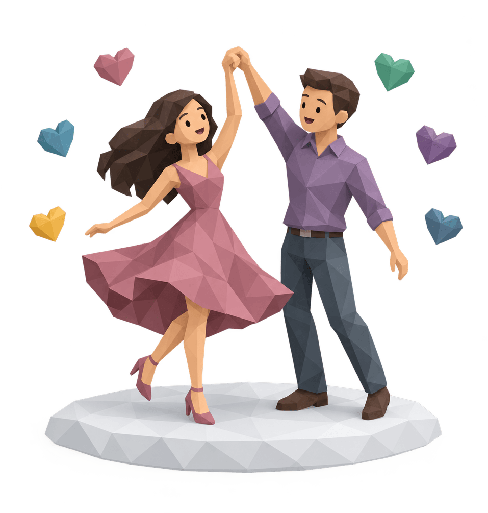 A couple dancing happily on a small dance floor, surrounded by six floating colorful hearts.