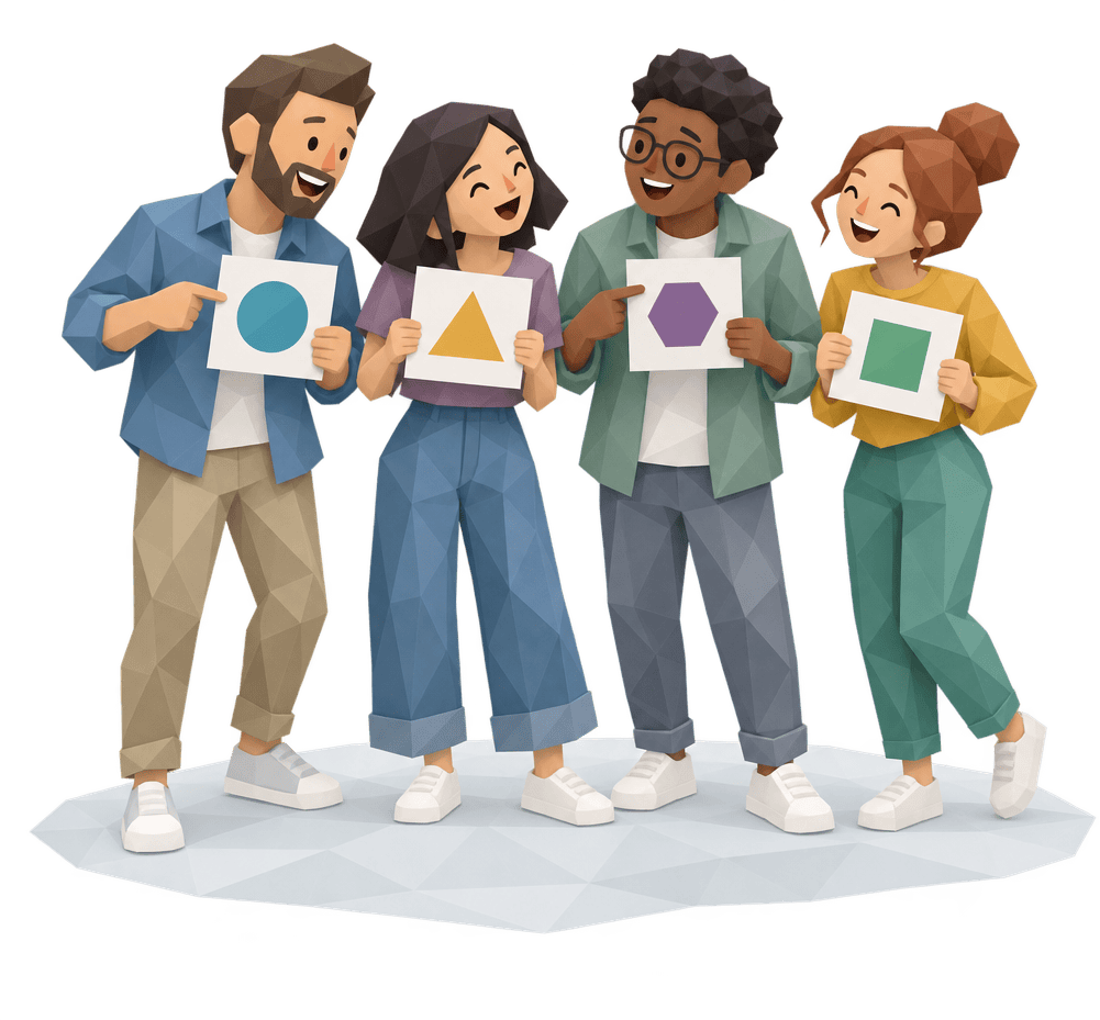 Four friends holding up cards with different symbols and laughing as they compare them.