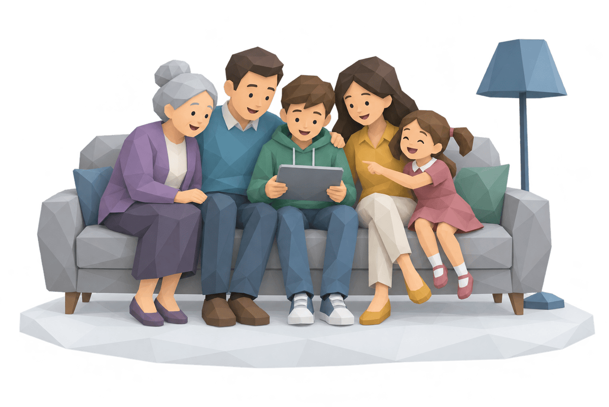 A three-generation family sitting close together on a sofa, looking at a tablet together.