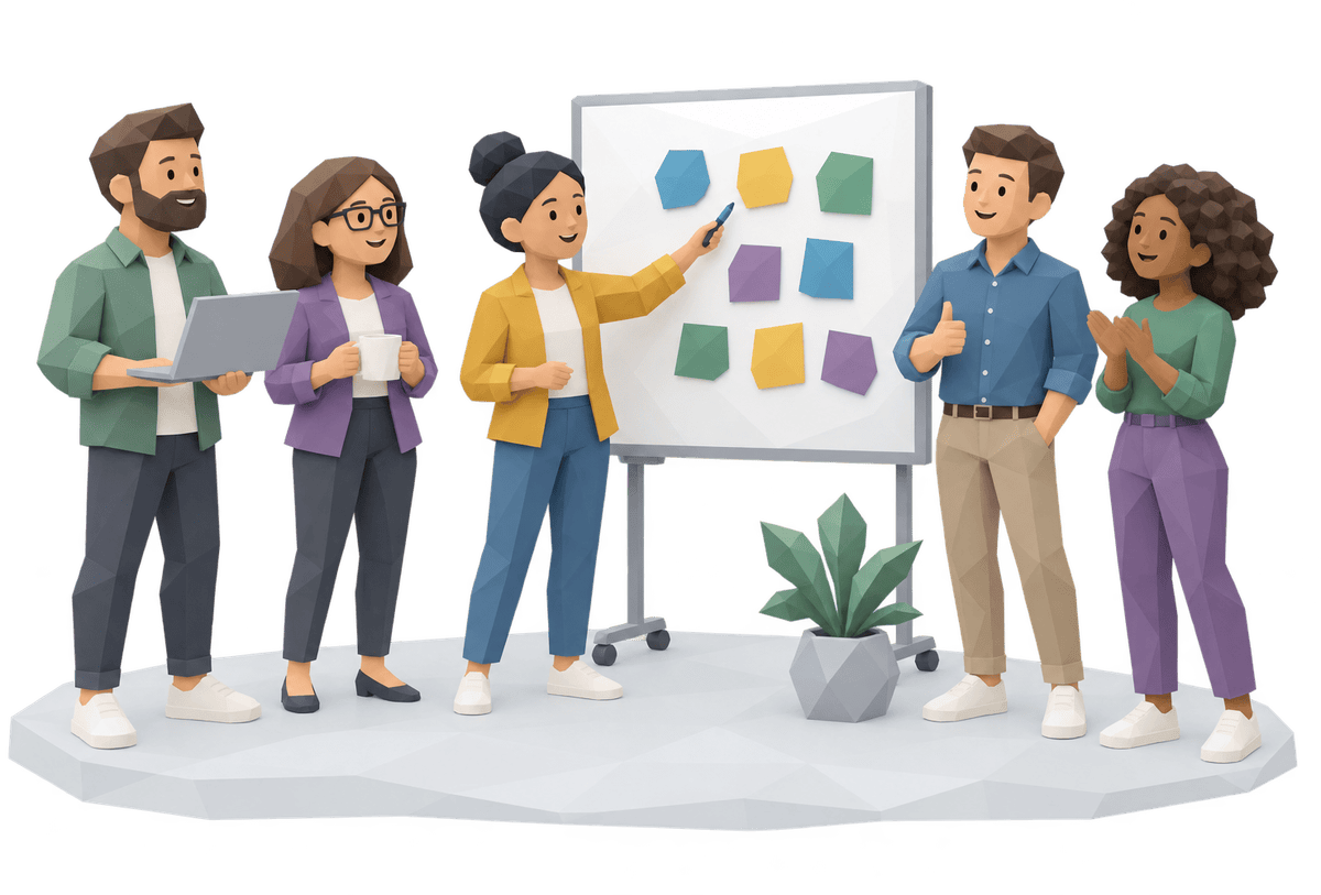 Five colleagues standing around a whiteboard with colorful sticky notes.