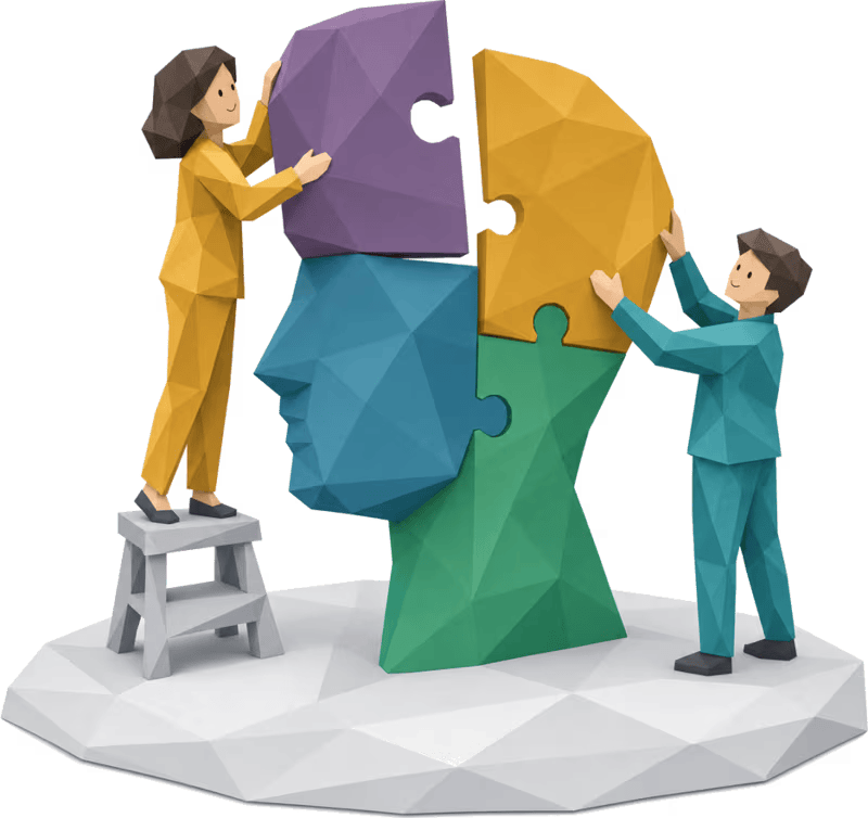 Zwei Papierfiguren setzen eine große Kopf-Silhouette aus vier Puzzleteilen zusammen.