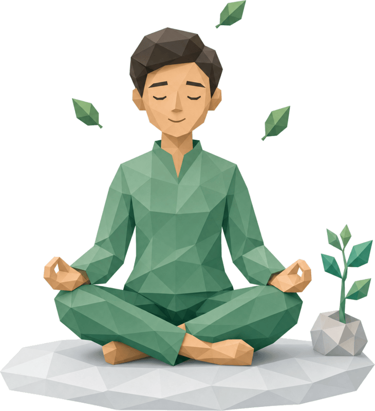 Papierfigur sitzt entspannt im Meditationssitz, umgeben von schwebenden Blättern.