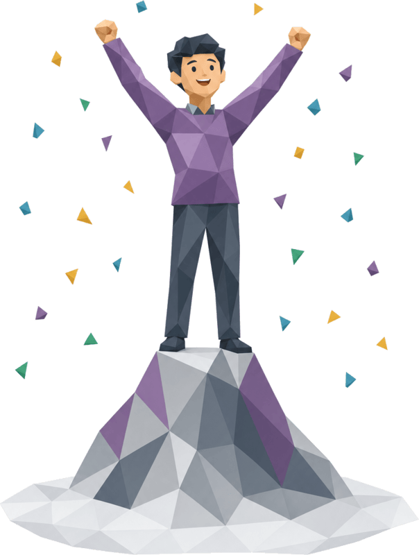 Papierfigur jubelt mit erhobenen Armen auf einem Berggipfel, umgeben von Konfetti.